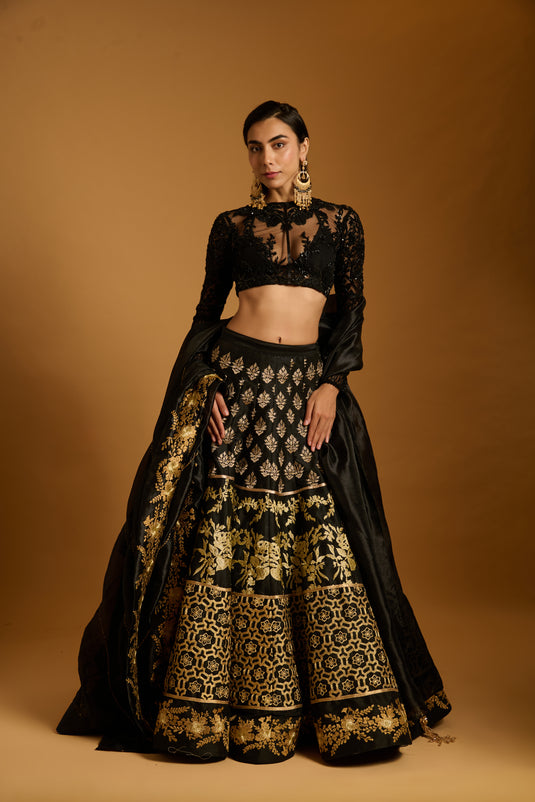 Trifecta black gold zari lehenga