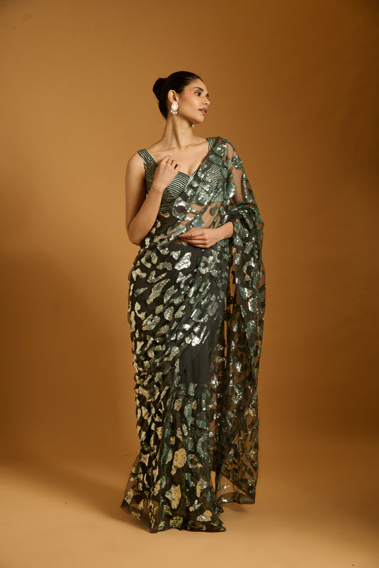 Trifecta charcoal-aqua cheetah saree