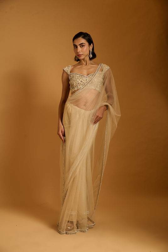 Trifecta beige necklace saree