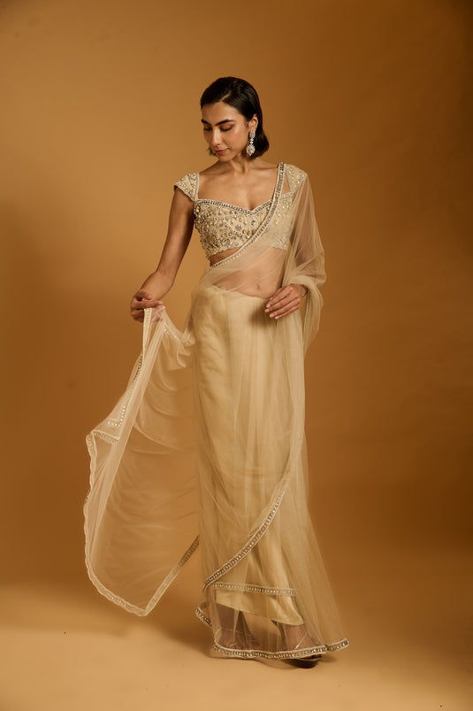 Trifecta beige necklace saree