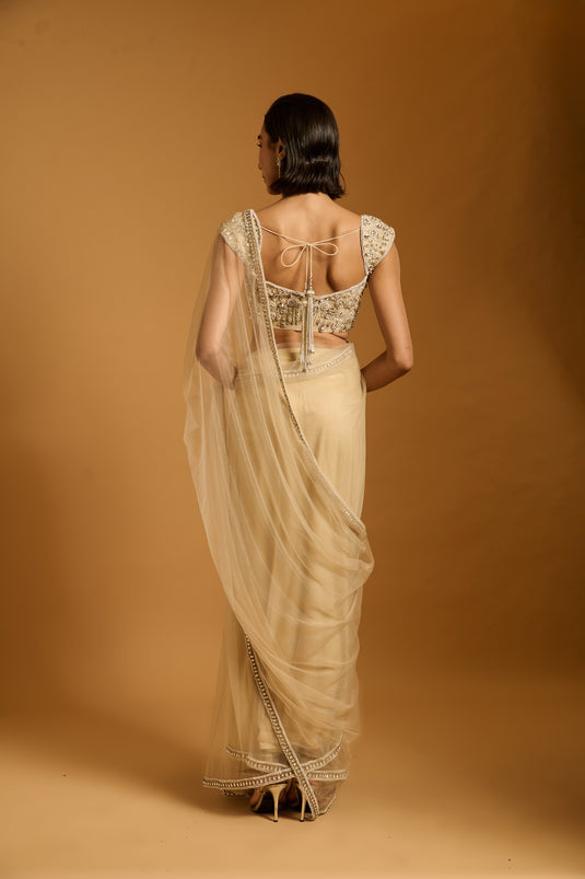 Trifecta beige necklace saree