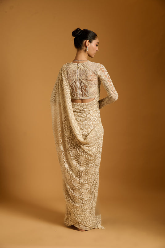 Trifecta ivory paneled saree