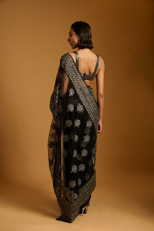 Trifecta black-gunmetal sequin bootie saree
