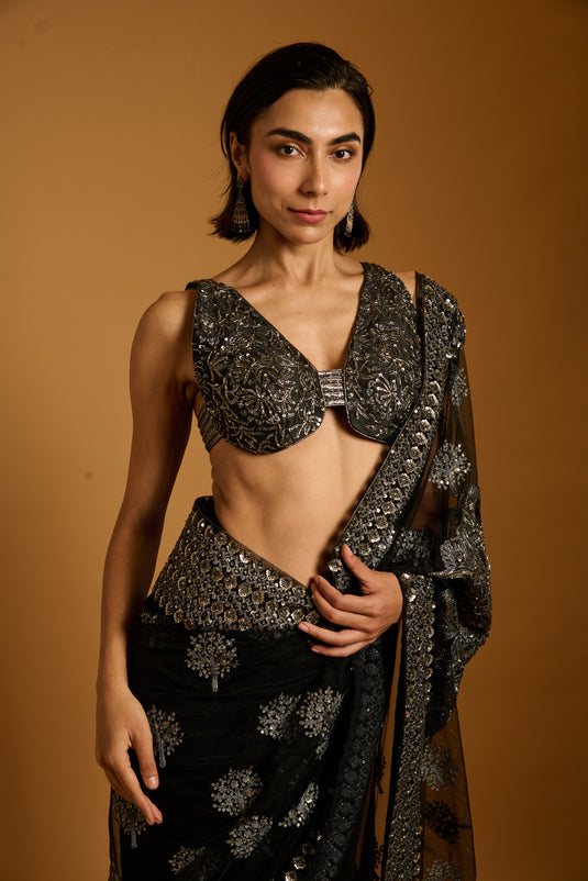 Trifecta black-gunmetal sequin bootie saree