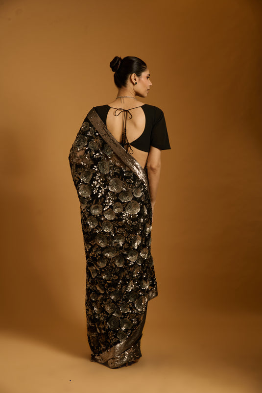 Trifecta black-gunmetal floral sequin saree