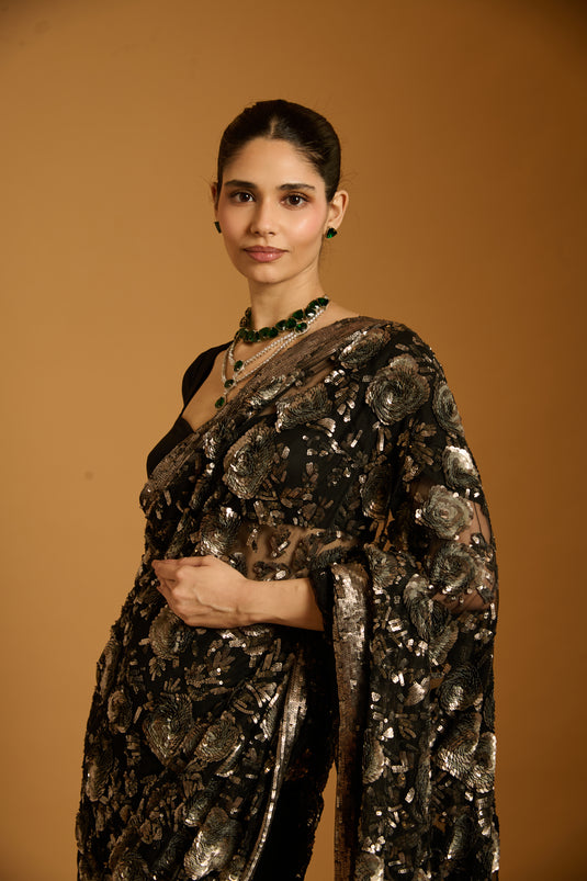 Trifecta black-gunmetal floral sequin saree