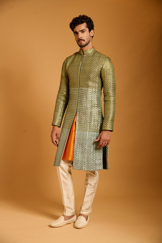 Trifecta pistachio-peppermint  intrecciato sherwani