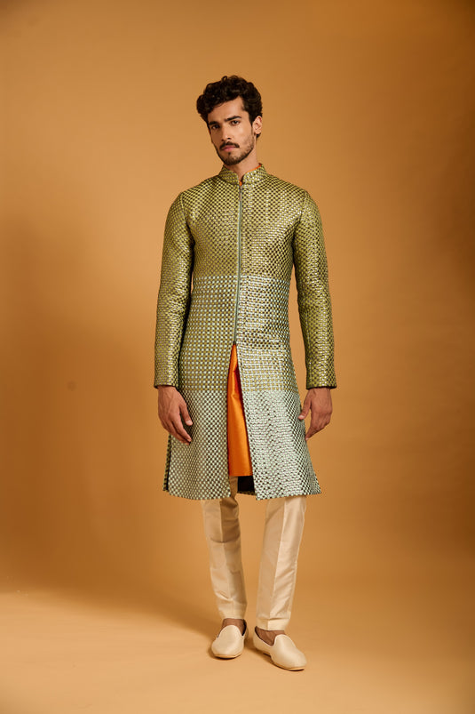 Trifecta pistachio-peppermint  intrecciato sherwani