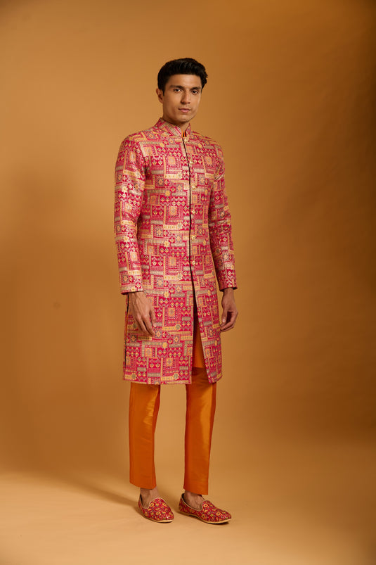 Trifecta fuchsia brocade sherwani