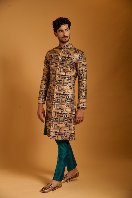 Trifecta navy brocade sherwani