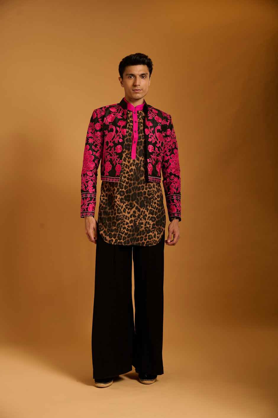 Trifecta black top stitch applique sherwani