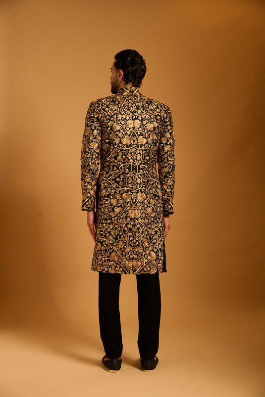 Trifecta black tree of life zari sherwani