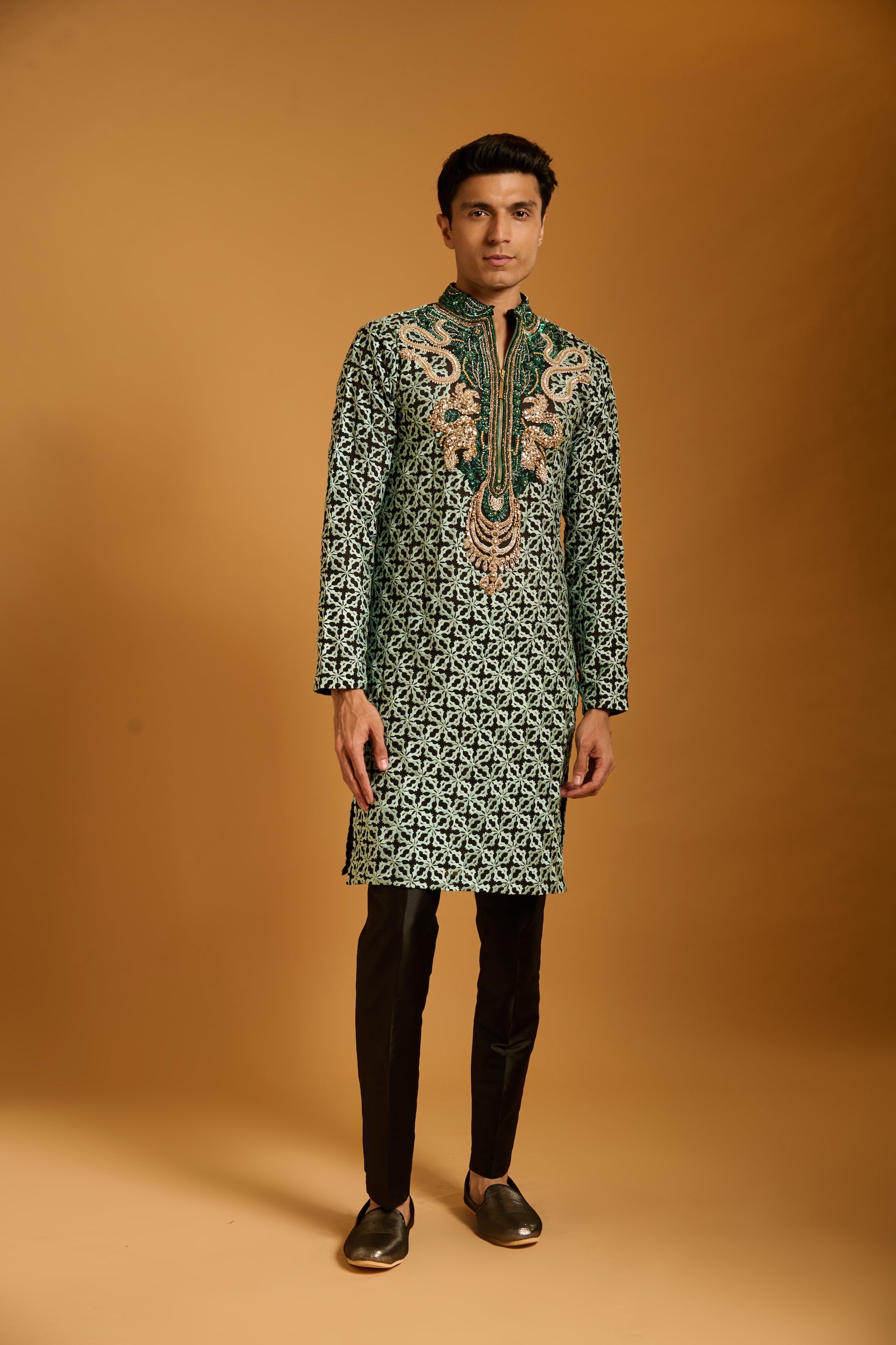 Trifecta pistachio-peppermint intrecciato sherwani
