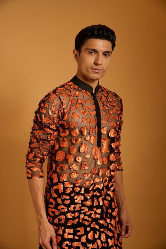 Trifecta black-orange cheetah sheer kurta