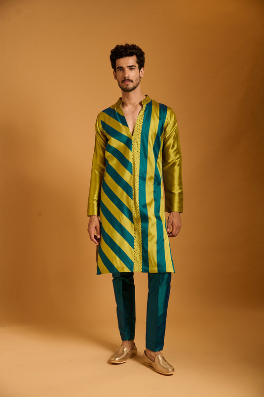 Trifecta acid green-teal striped kurta