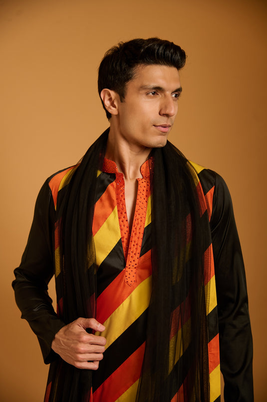 Trifecta black-orange-yellow  striped  kurta & dupatta