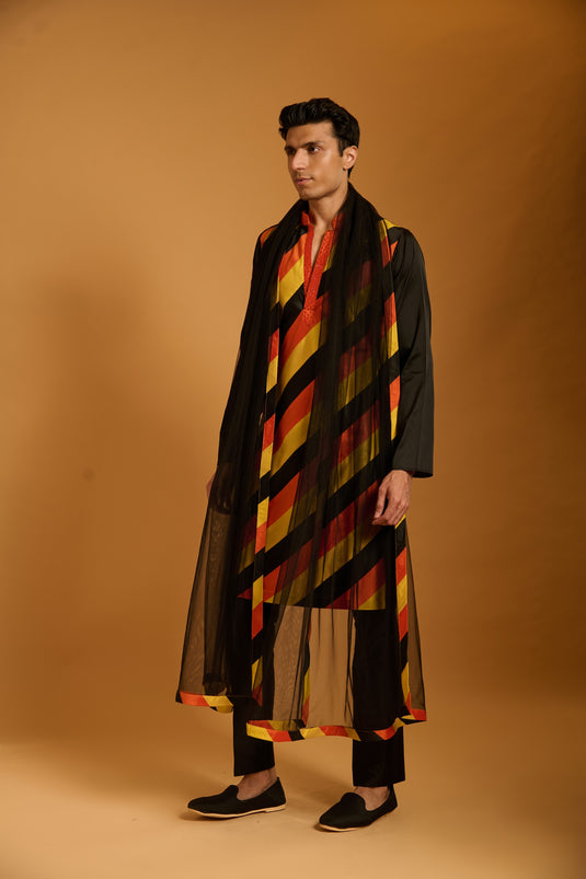 Trifecta black-orange-yellow  striped  kurta & dupatta