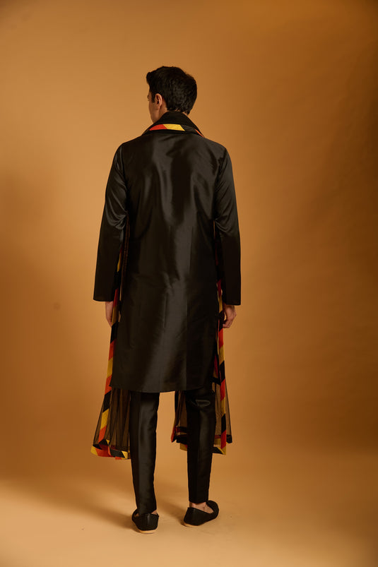 Trifecta black-orange-yellow  striped  kurta & dupatta