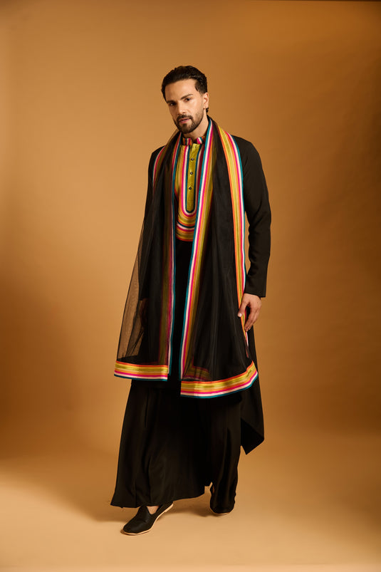 Trifecta black strip work bib kurta
