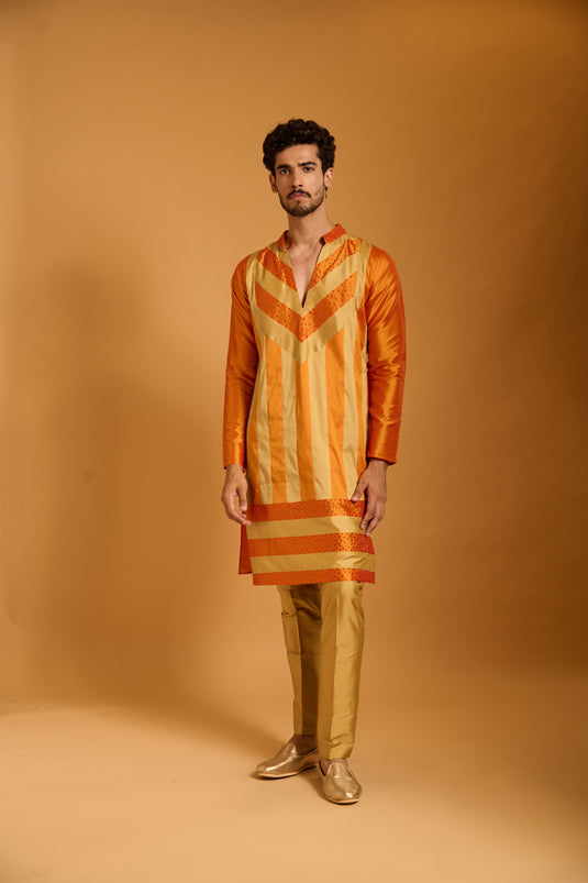 Trifecta orange-beige crystal  striped kurta
