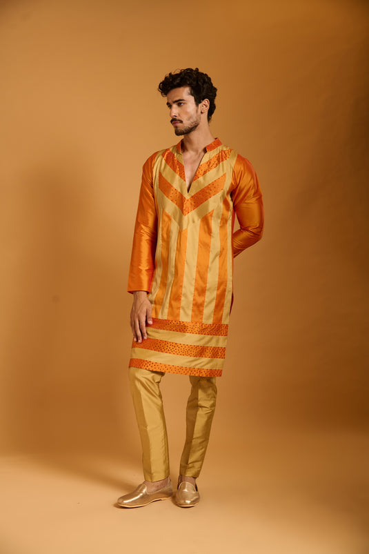 Trifecta orange-beige crystal  striped kurta