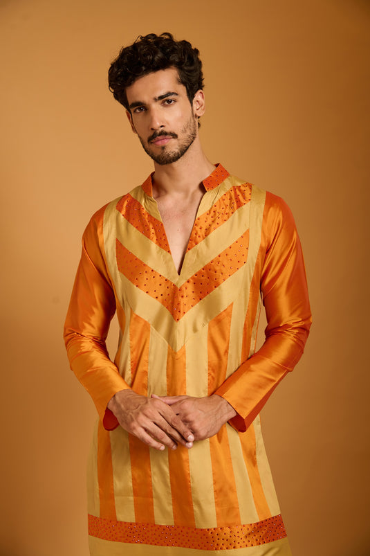 Trifecta orange-beige crystal  striped kurta