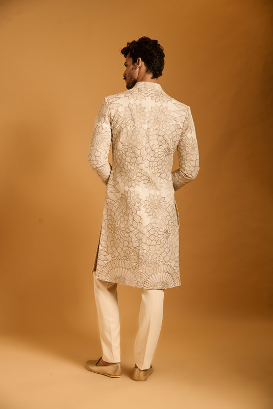 Trifecta ivory floral lattice sherwani