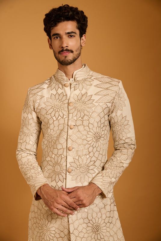 Trifecta ivory floral lattice sherwani