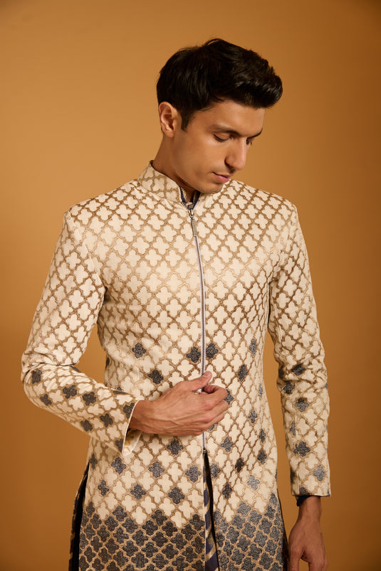 Trifecta ivory applique sherwani