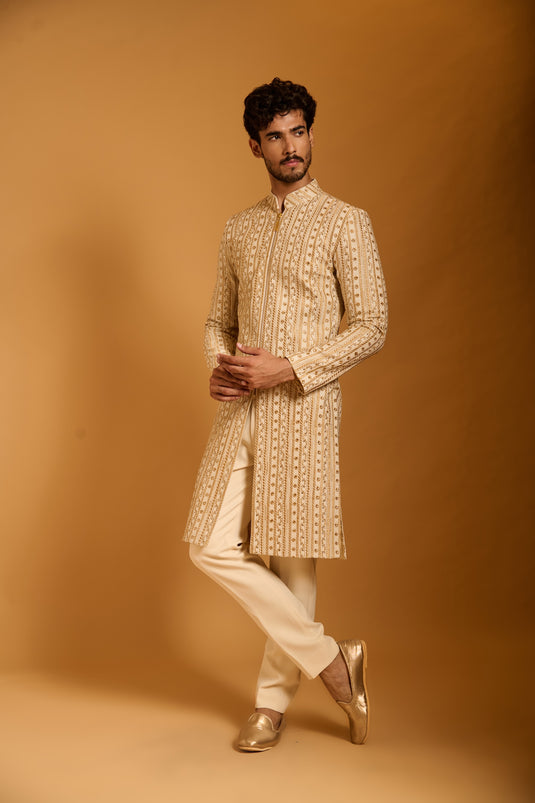 Trifecta ivory striped zari sherwani