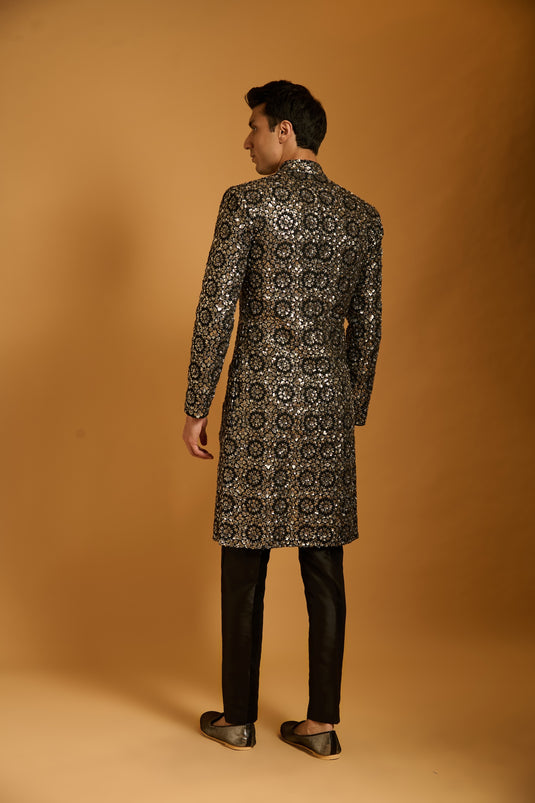 Trifecta black gunmetal sequin dragon sherwani