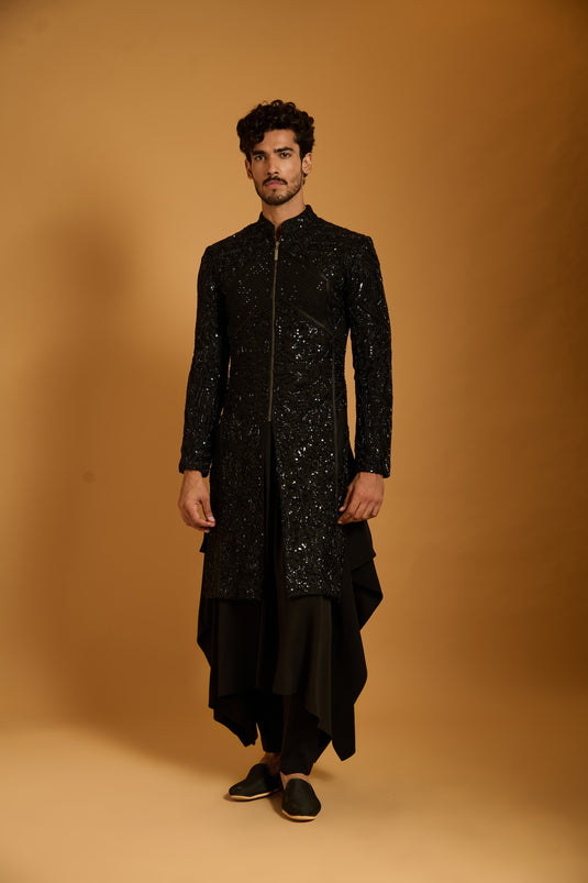 Trifecta black sequin paneled sherwani