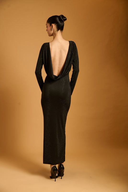 Trifecta black crystal cowl gown