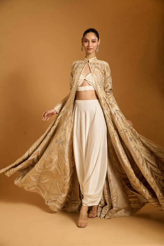 Trifecta ivory applique anarkali jacket.